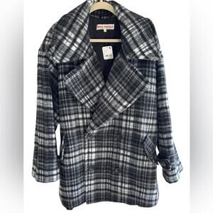 Free People Black and White Plaid Pea Coat NWT